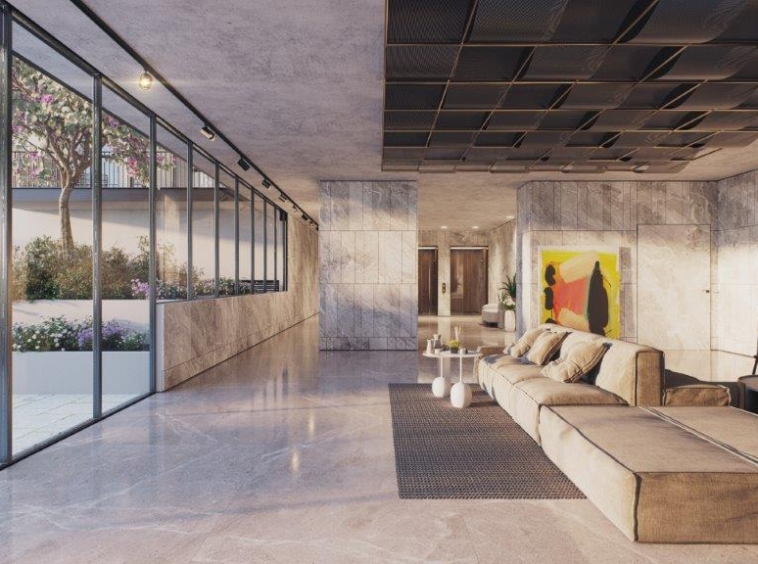 Designer lobby with internal patio in Tel Aviv real estate project