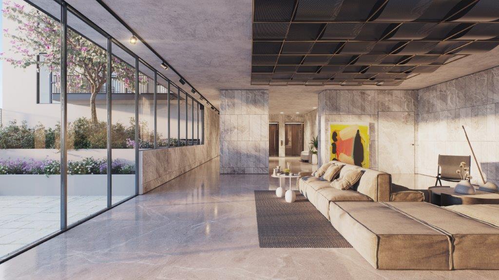 Designer lobby with internal patio in Tel Aviv real estate project