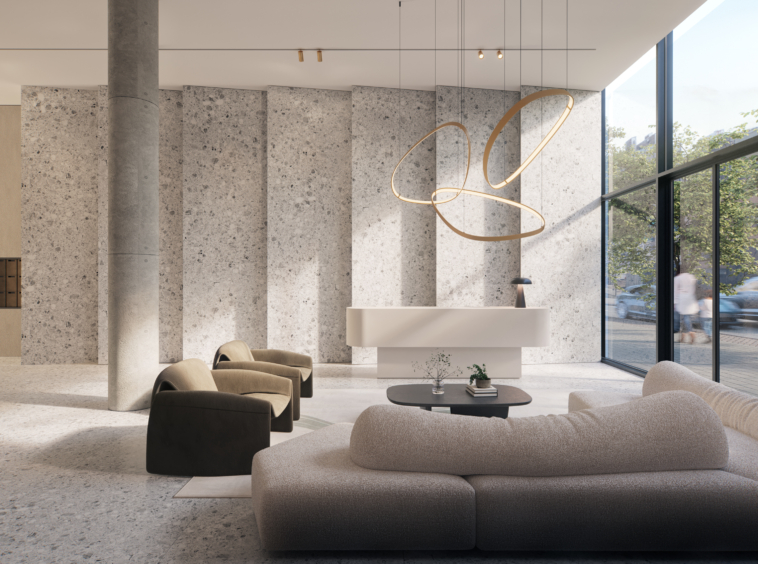 Designer lobby with internal patio in Tel Aviv real estate project