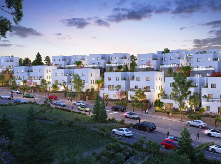 Modern apartment buildings in Emanuel with landscaped surroundings