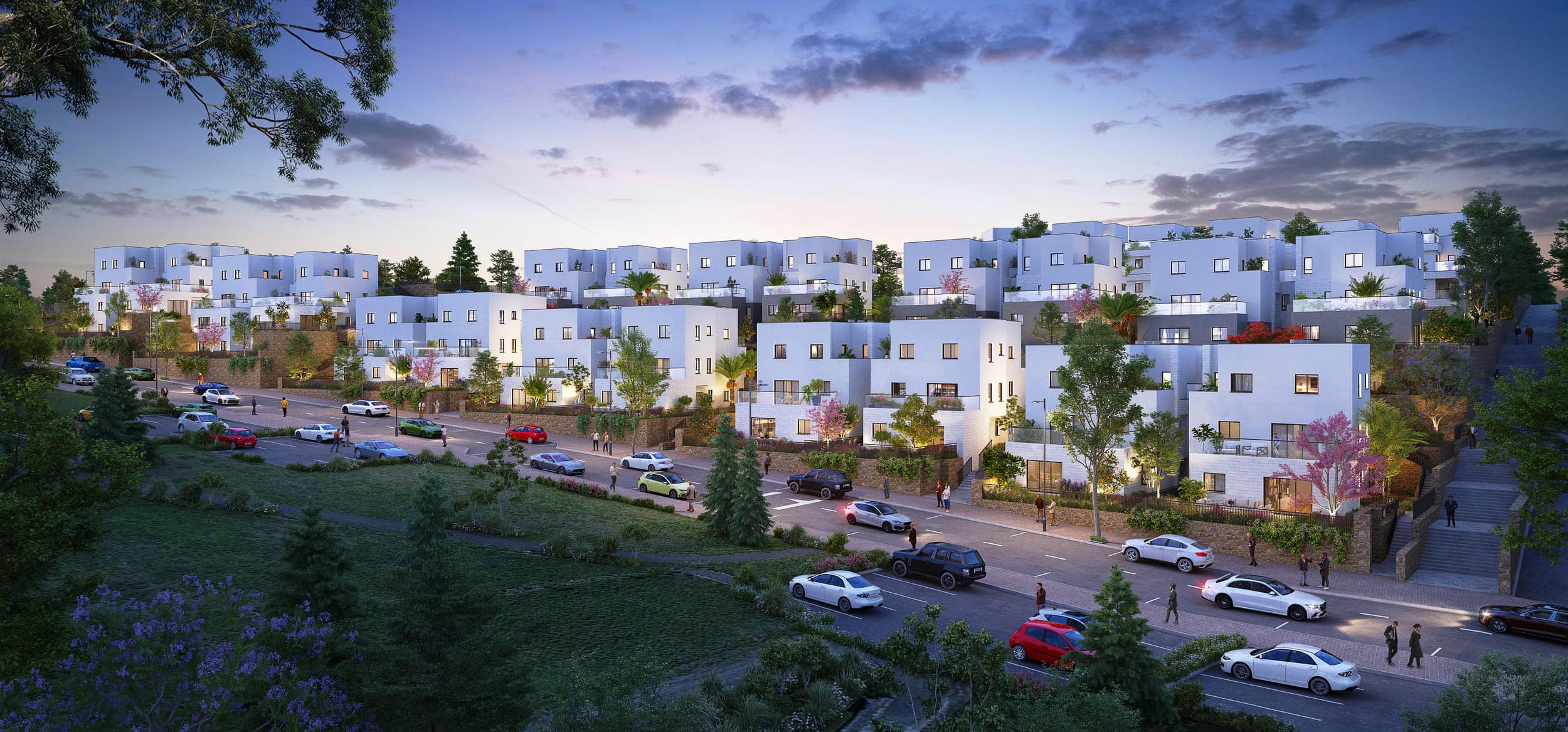 Modern apartment buildings in Emanuel with landscaped surroundings