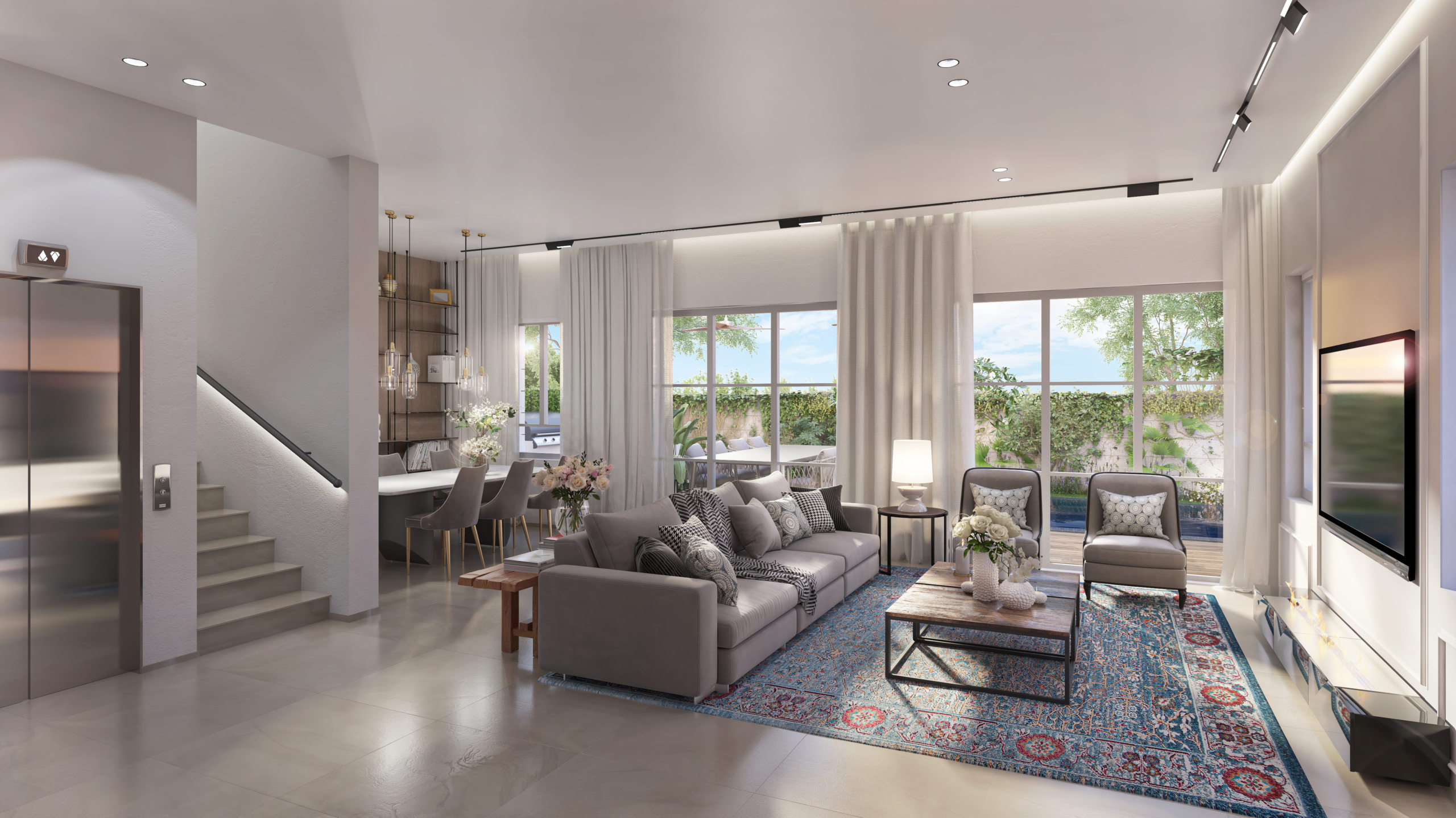 Modern living room with designer kitchen in HaMoshava villa