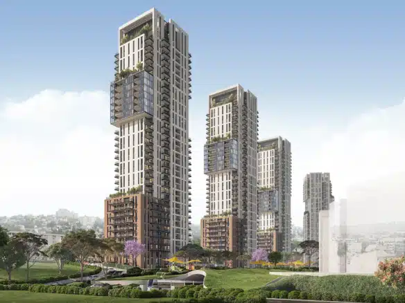 Exterior view of modern apartments in Jerusalem surrounded by green spaces