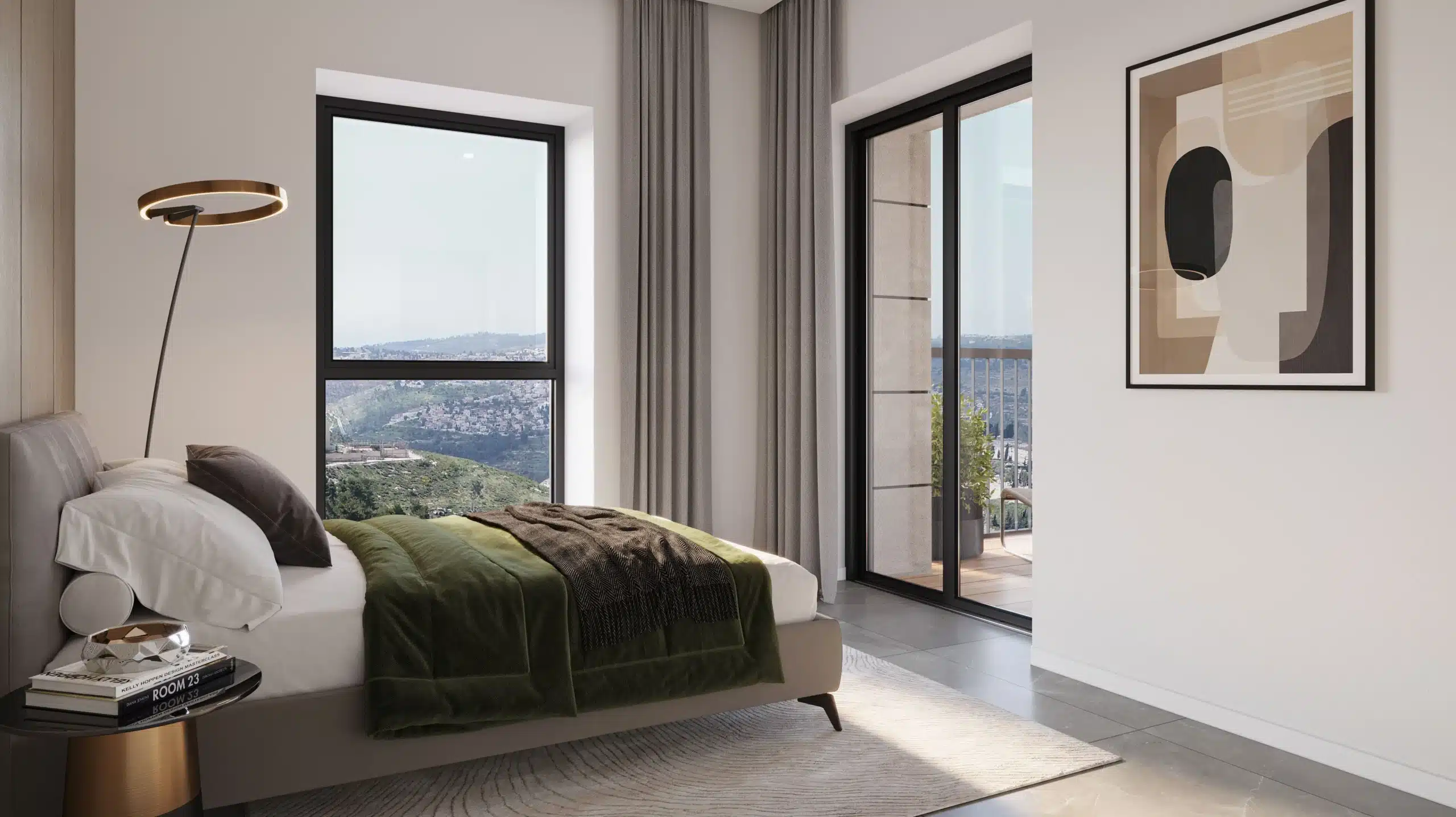 Luxury bedroom in modern Jerusalem apartment with city view balcony