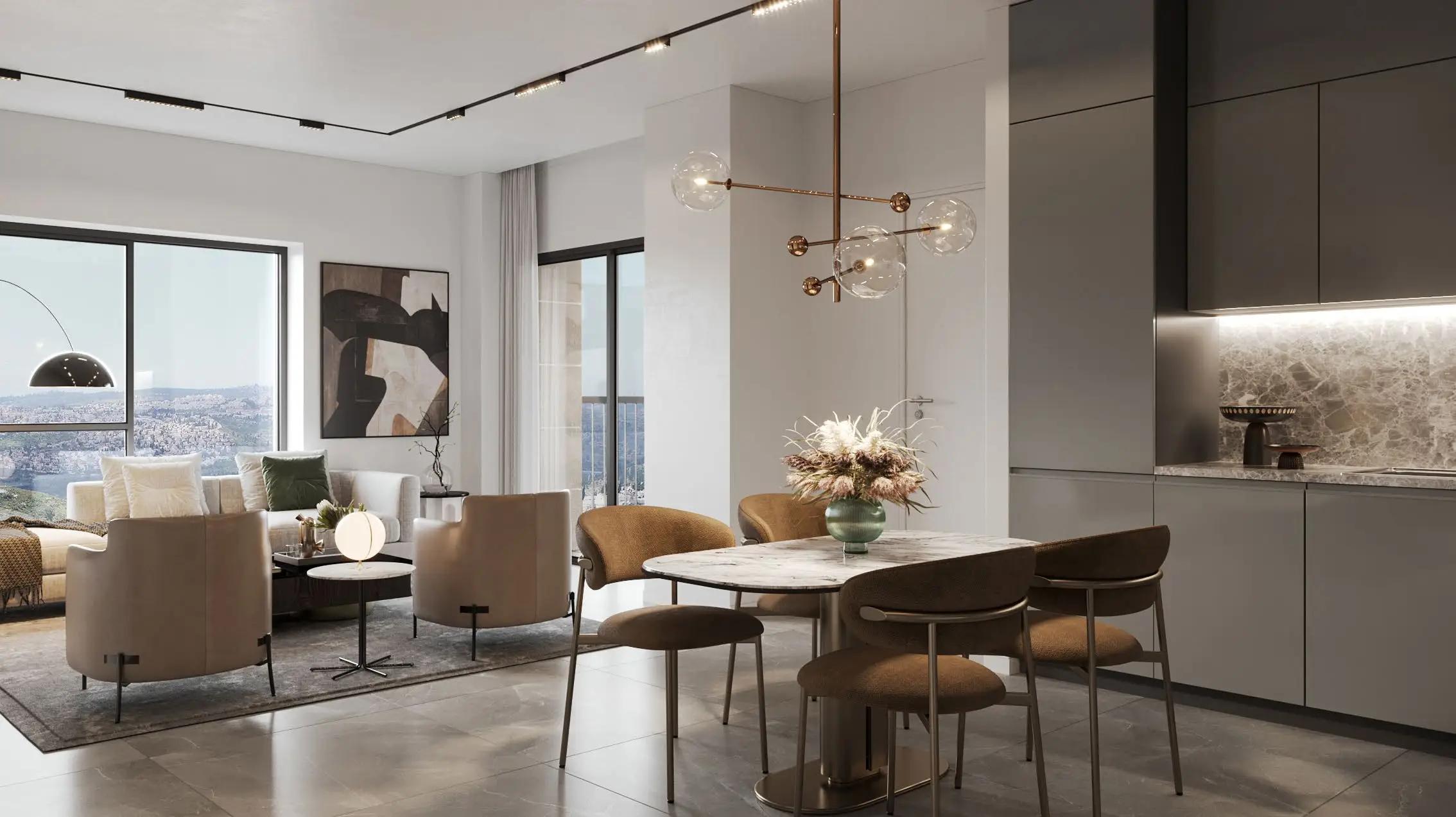 Spacious living room inside a modern apartment in Jerusalem with large windows