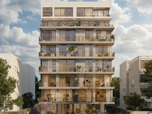 Exterior view of a stunning new apartment in Tel Aviv's prestigious New North neighborhood.